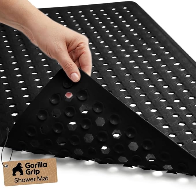 GORILLA GRIP Patented Bath Tub Shower Mat, Machine Washable Bathtub Floor Liner Mats, Suction Cups and Drain Holes to Keep Tubs Clean, Soft on Feet, Bathroom Essentials, 35x16 Inch, Black