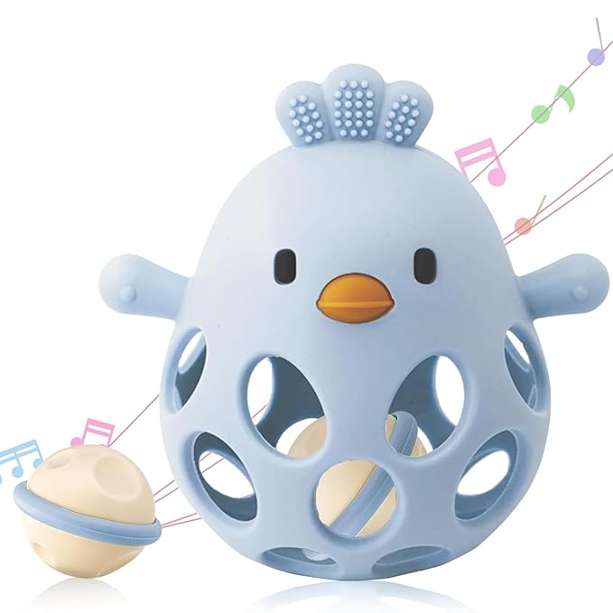 2-in-1 Baby Teething Rattle Toy, Sensory Grasping Teether for Infants 3-12 Months, 100% Food-Grade Silicone, Easy to Hold, Soothing & Developmental, BPA Free