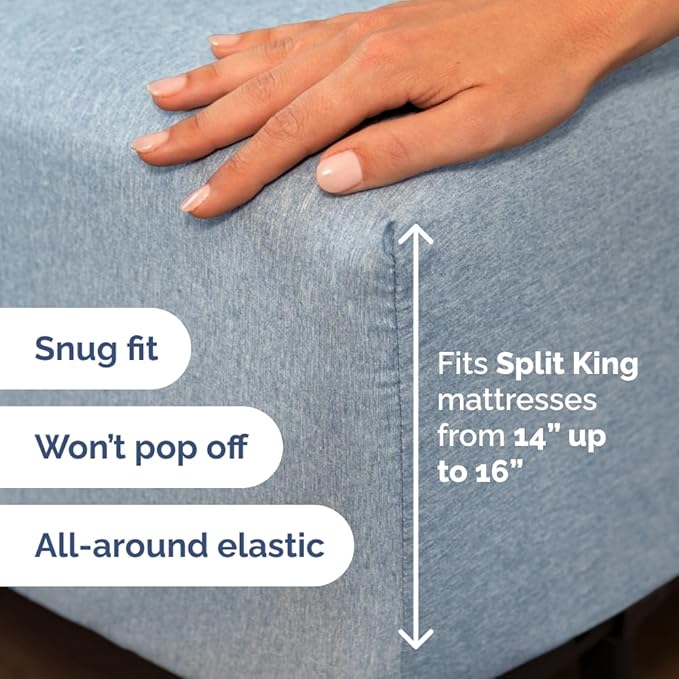 Split Head King Sheet Set – 4 Piece Flex Split Top King Sheets for Adjustable Beds - Fits 14” to 16" Mattress w/ Deep Pockets - Breathable & Cooling - Luxury Bedding and Wrinkle Free - Heathered Blue