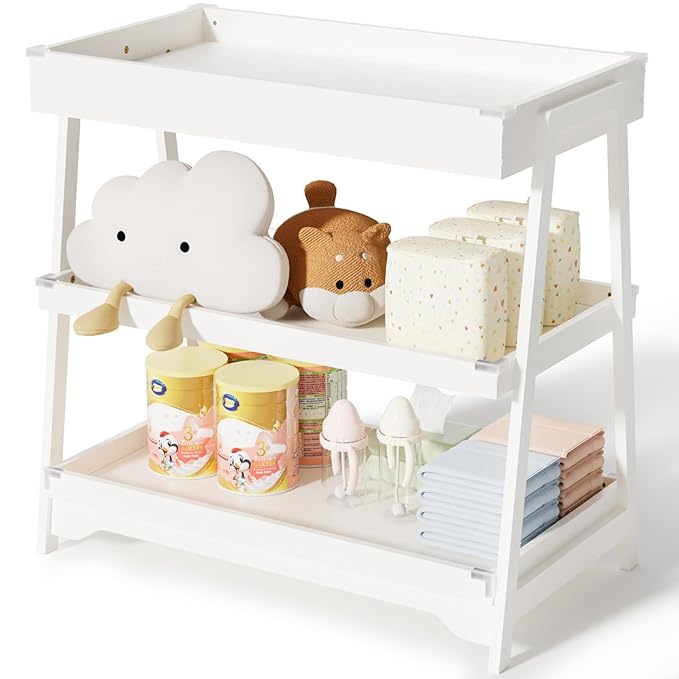 YUFU Baby Changing Table, Portable Diaper Changing Table with Changing Pad, Baby Diaper Changing Station with 2 Tier Storage Shelves for Newborn Baby and Infant, White