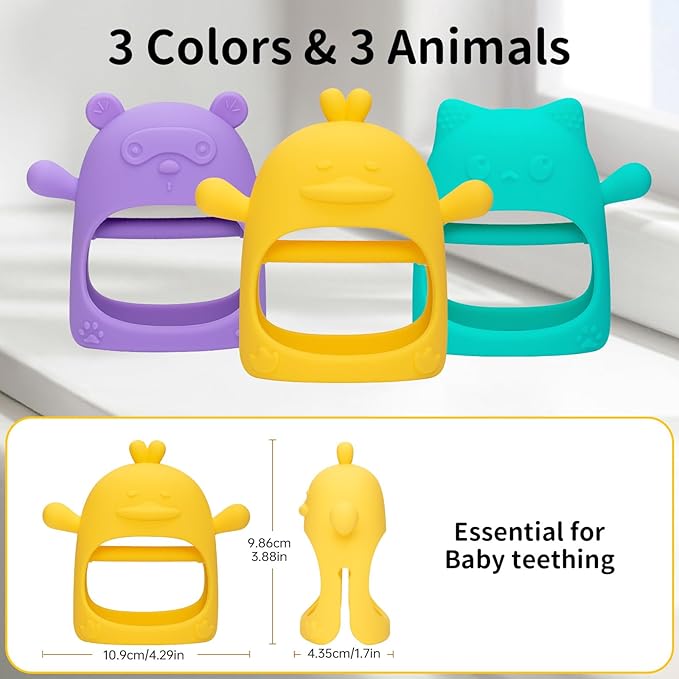 3 Pack Baby Teething Toy, Food Grade Silicone Baby Teething Mittens, Anti Drop Wrist Hand Teether Toys for 0-6 6-12 Months, Infant Chew Toys for Sucking Needs, BPA Free (Candy)