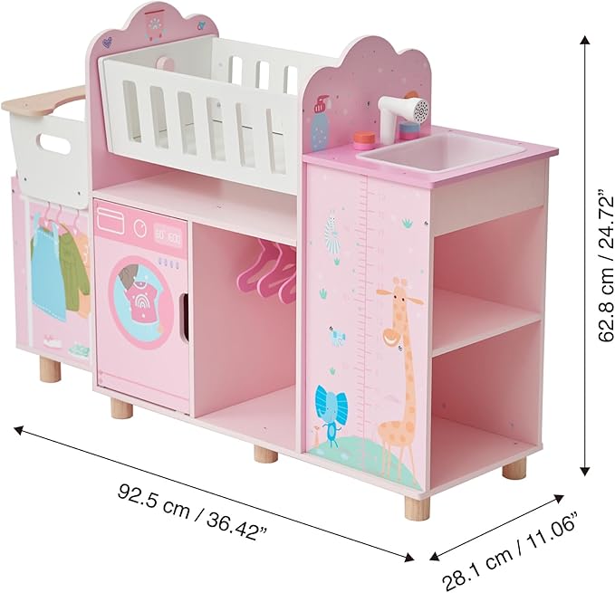 Olivia's Little World Amanda 6-in-1 Wooden Doll Nursery Station with Rocking Cradle, High Chair, Storage, Washing Machine and Sink - for 3 yrs and up, Pretend Play House, Daycare - Pink/Multi