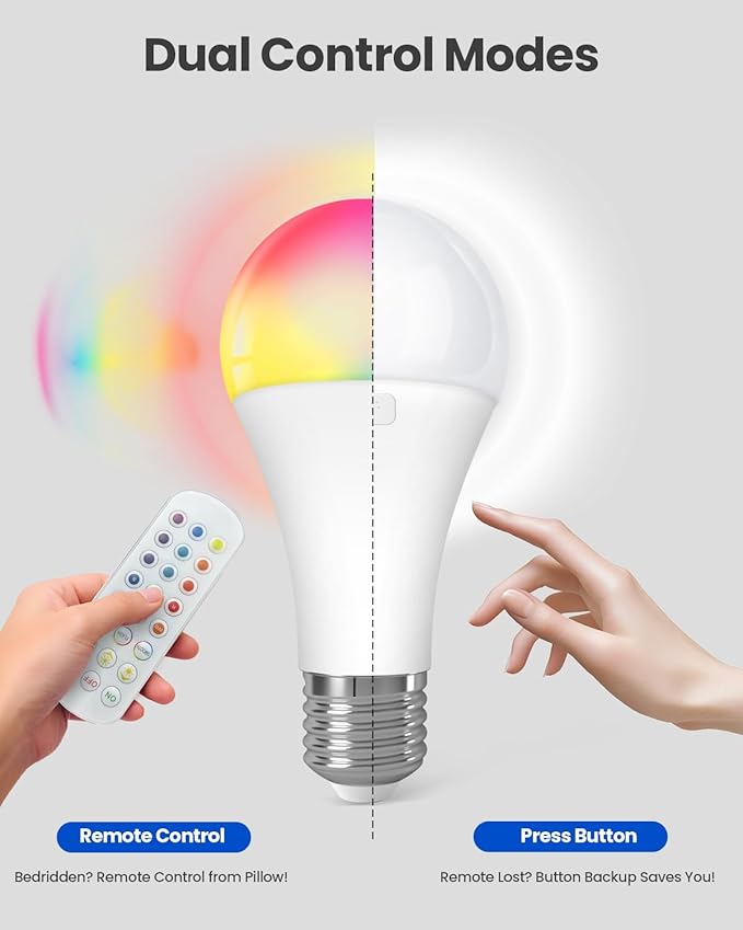 KINDEEP E26 Rechargeable Light Bulbs, A19 LED Battery Operated Bulb with Remote, 2000mAh Wireless Backup Light Bulb - Dimmable, 15 Colors & 3 Timer for Sconces Lamp Camping, 2 Pack