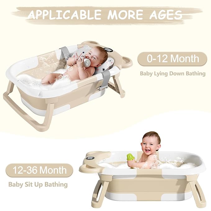 TPN Collapsible Baby Bathtub, Baby Bath Tub with Soft Cushion & Real-Time Thermometer, Baby Bathtub Infant to Toddler Tub (0-36 Months), Portable Newborn Travel Bath Tub