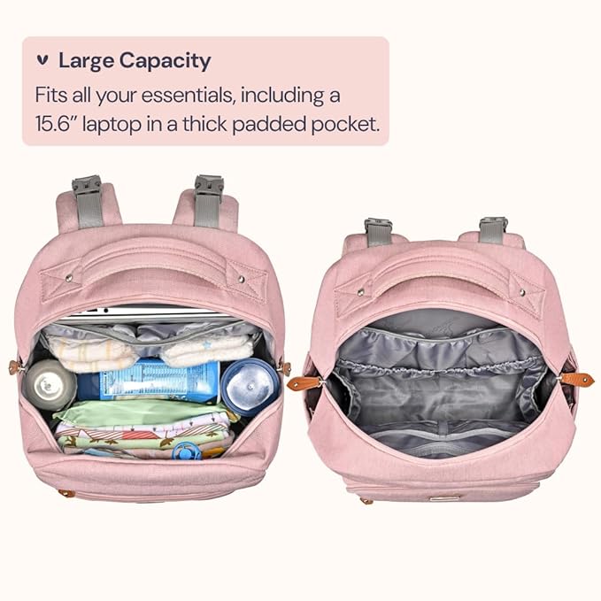 BabbleRoo Diaper Bag Backpack - Travel Large Baby Diaper Bag with Changing pad, Waterproof Baby Bags for Mom & Dad, Unisex Bags with Pacifier Case, Luggage Strap & Stroller Clips– Pink
