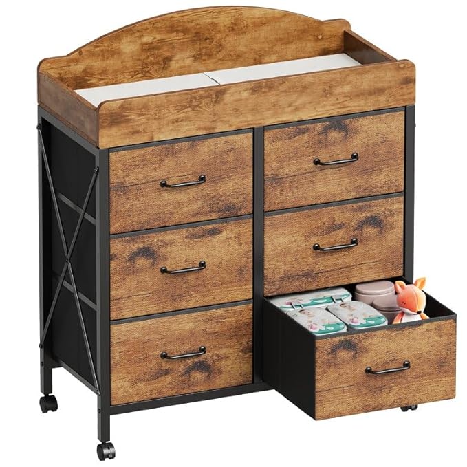 Baby Changing Table Dresser with Wheels, 6-Fabric Drawer Baby Dresser with Changing Table Top, Waterproof Diaper Changing Station & Pad, Mobile Storage Unit, Baby Furniture, Rustic Brown