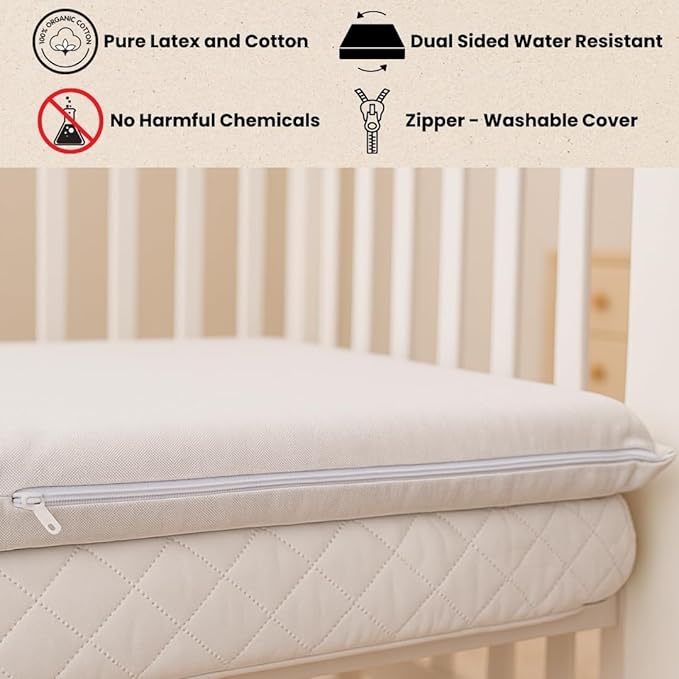 ORGANIC TEXTILES Organic Baby Mattress Topper with Water Resistant Removable Cotton Cover - GOLS/GOTS Certified - Breathable - 3" Cradle (36"x18")