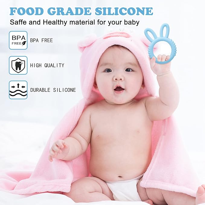 Silicone Babies Teethers Baby Teething Toys for Soothe Massage Sore Gums for 3-12 Months Infants, BPA Free, Easter Gifts for Boys and Girls, Ring Shape Rabbit Ear Design (Blue)