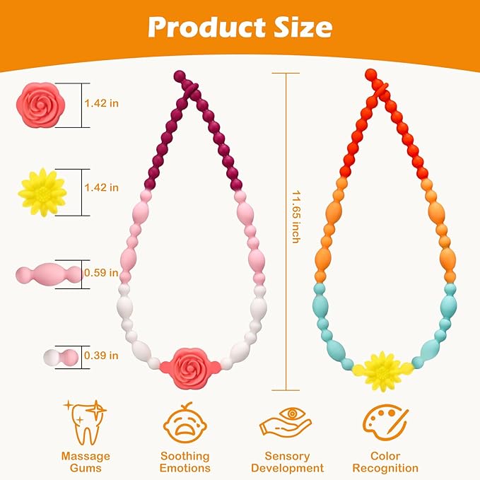 Teething Necklace for Baby, One-Piece Safety Design for Toddler, Chew Necklaces for Sensory Kids Adults with Autism, ADHD, Fidget, Biting, Anxiety - Flower Chew Jewelry Toys for Teething Relief