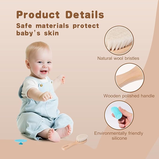 Baby Hair Brush Set,3 in1 Kit,1 Pack Goat Hair Bristles Brush 2 Pieces Silicone Cradle Cap Brushes Wood Handle Newborn Brush for Newborns and Toddlers