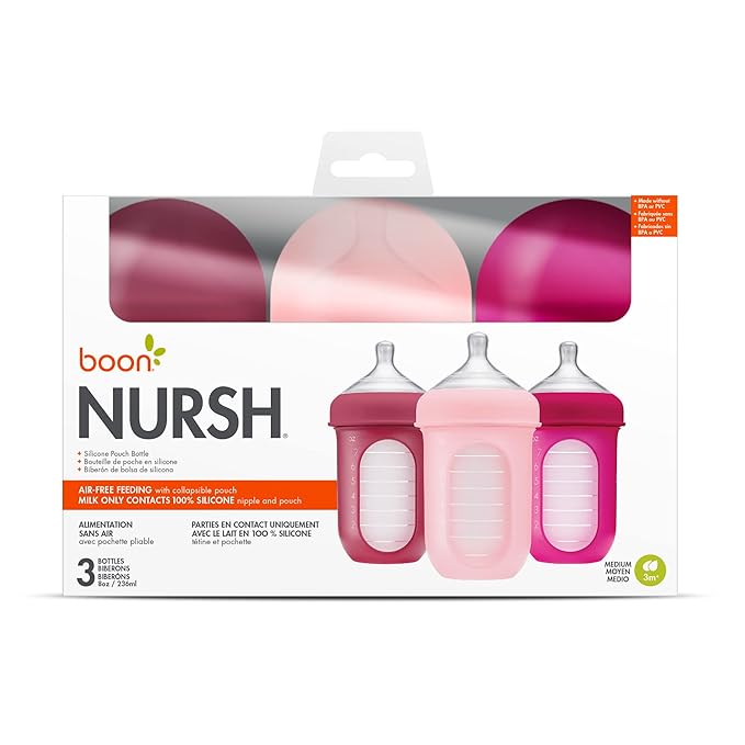 Boon Nursh Bottles - Silicone Baby Bottles Help Ease Colic Symptoms - Formula and Breast Milk Only Touch Food-Grade Silicone - Medium Flow - 8 Oz - Pink