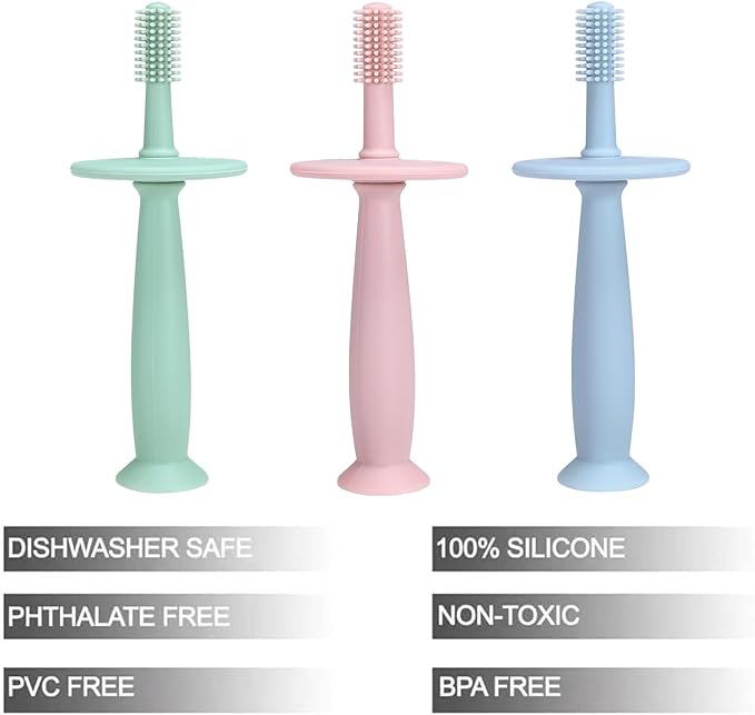 PandaEar 3 Pack Silicone Baby Toothbrush Teethers - Teething Toys Training Oral Care for Infants 0-12 Months+