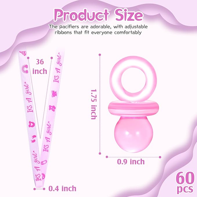60 Pcs Baby Shower Pacifiers Necklace, Cute Acrylic Pacifier Necklaces for Chupones para Baby Shower Games Charm, Party Favors, Decorations DIY, Gender Reveal Table Scatter(Pink)