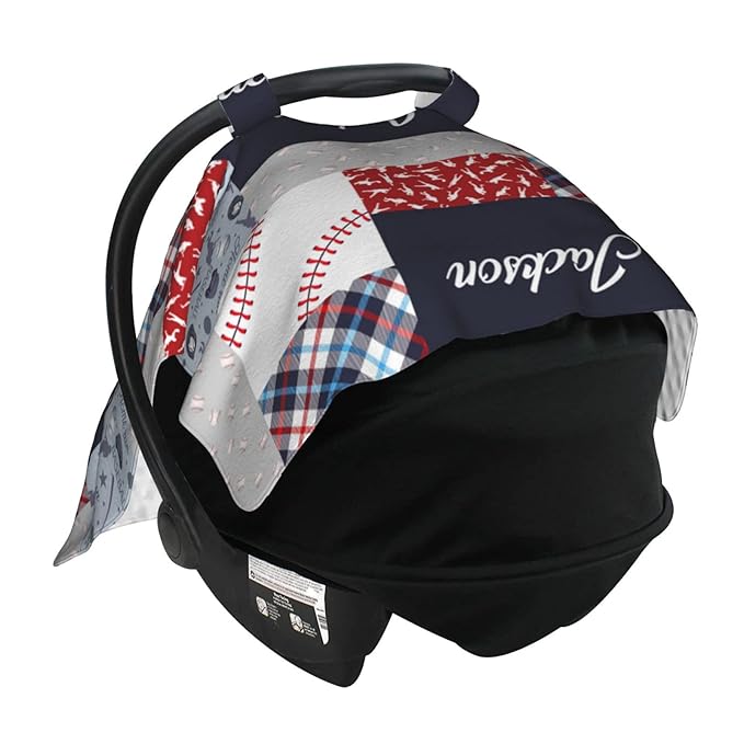 Personalized Baseball Baby Car Seat Canopy for Babies with Name, Custom Car Seat Covers Boys Girls, Peekaboo Opening Minky Nursing Breastfeeding Cover Infant Car Seat Canopies for Newborn