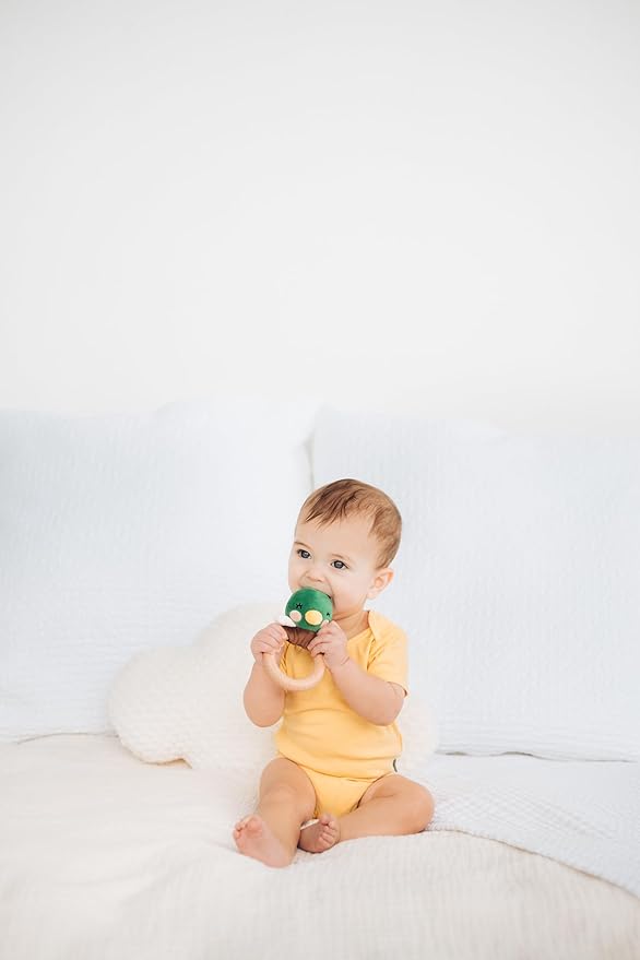 Pearhead Mallard Duck Wooden Teething Ring, Soft Plush Lovey Baby Teether, Natural Wood Infant Rattle Toy for Teething Relief, BPA-Free Newborn Teether Ages 0m+