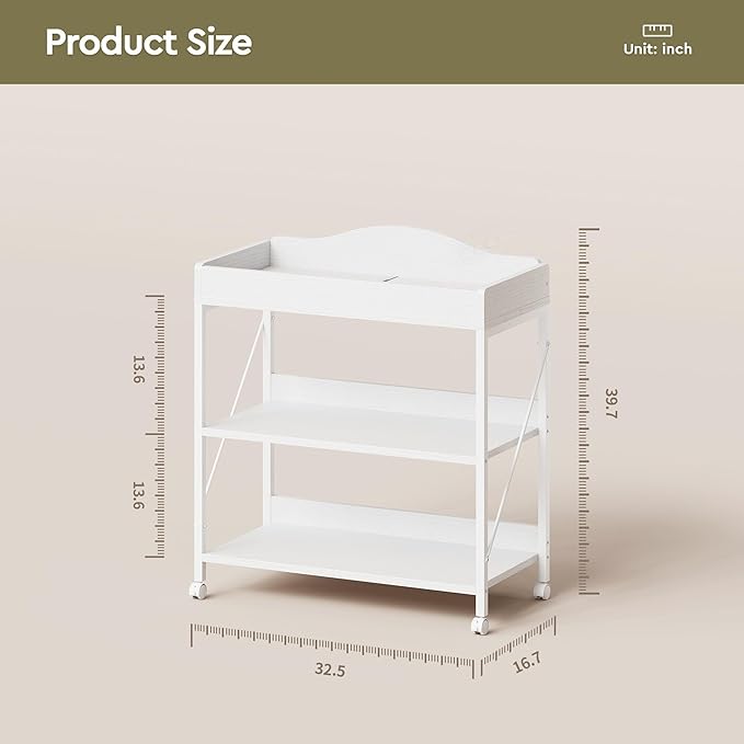 Baby Changing Table, Diaper Changing Station with Pad and Wheels, Two-Tier Open Storage Shelves, Waterproof Diaper pad & Safety Strap, Compact Baby Furniture for Nursery, White