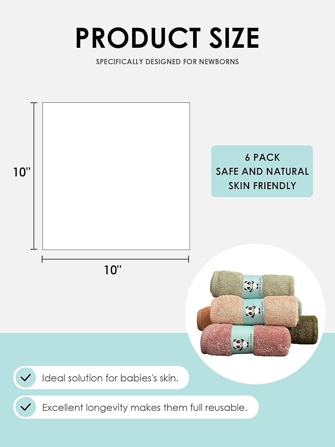 HIPHOP PANDA Baby Washcloths, Rayon Made from Bamboo - 2 Layer Ultra Soft Absorbent Newborn Bath Face Towel - Reusable Baby Wipes for Delicate Skin - Boho Earth Tones, 6 Pack