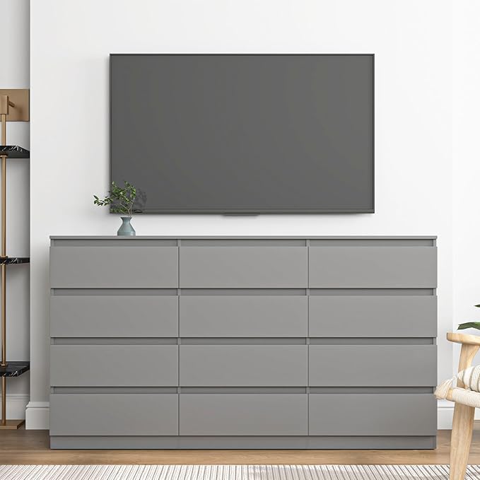 Grey 12 Drawer Dresser for Bedroom,Modern Large Long Dresser with Deep Drawer,Wide Storage Chest of Drawer,Wood Bedroom Storage Organizer Drawers for Bedroom