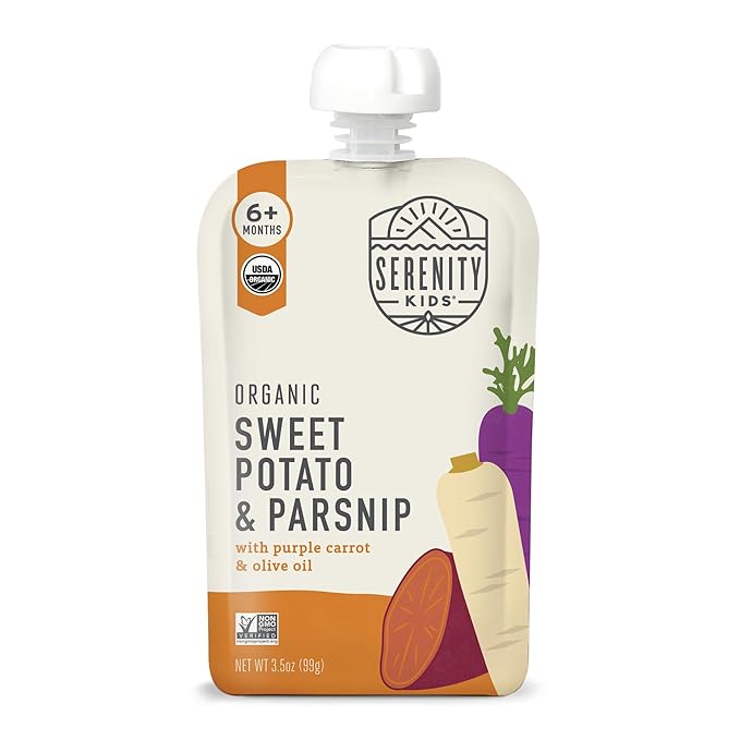 Serenity Kids 6+ Months USDA Organic Veggie Puree Baby Food Pouches | No Sugary Fruits or Added Sugar | Allergen Free | 3.5 Ounce BPA-Free Pouch | Sweet Potato & Parsnip | 1 Count