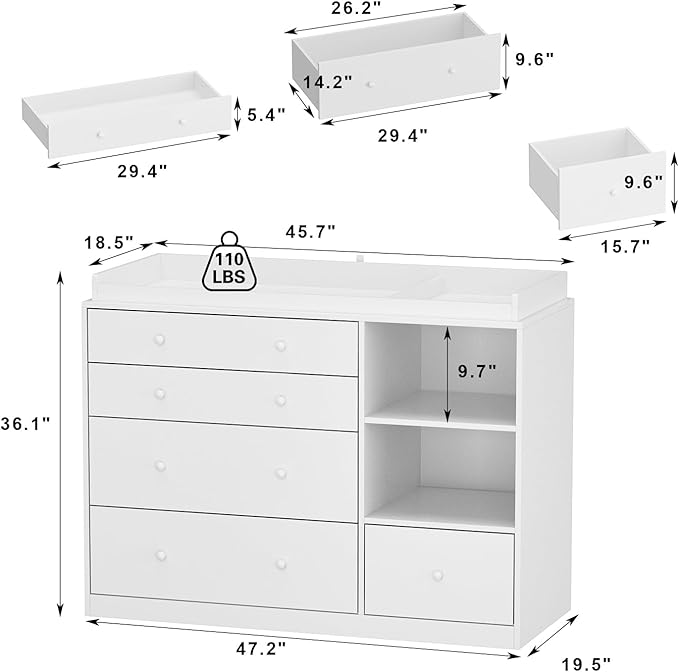Nursery Dresser with Baby Changing Table, Diaper Changing Tables for Nursery with 5 Drawers & Shelves, Changing Station Nursery Organizer for Bedroom, White (47.6" W x 19.7" D x 36.1" H)