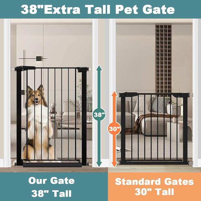Fairy Baby 38" Extra Tall Dog Gate for Stairs, 59.9"-65.3" Extra Wide Large Walk Thru Baby Gate for Doorway, Long Safety Child Toddler Gate, Metal Auto Close Puppy Cat Gate for The House, Black