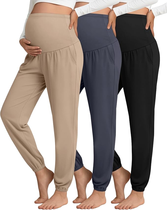 3 Pack Women's Maternity Pants Maternity Jogger Sweatpants Over The Belly Stretchy Pregnancy Pants with Pockets