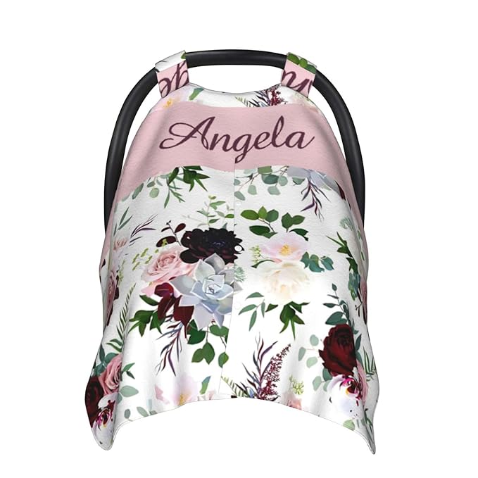 Personalized Baby Car Seat Canopy for Babies with Name, Custom Pink Purple Floral Stroller Car Seat Covers for Girls, Minky Nursing Carseat Cover for Breastfeeding, Car Seat Canopies for Newborn