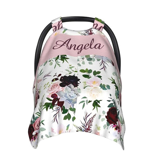 Personalized Baby Car Seat Canopy for Babies with Name, Custom Pink Purple Floral Stroller Car Seat Covers for Girls, Minky Nursing Carseat Cover for Breastfeeding, Car Seat Canopies for Newborn
