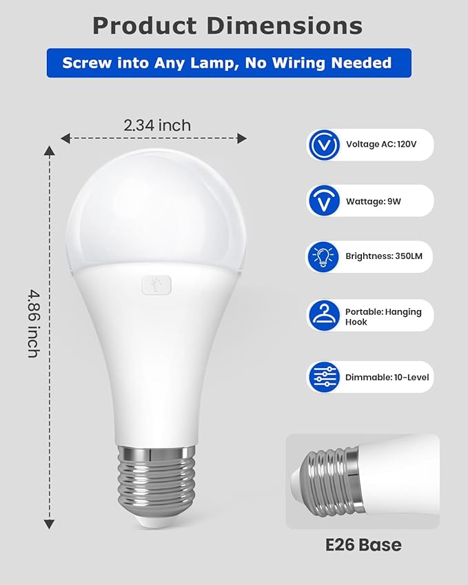 KINDEEP E26 Rechargeable Light Bulbs, A19 LED Battery Operated Bulb with Remote, 2000mAh Wireless Backup Light Bulb - Dimmable, 15 Colors & 3 Timer for Sconces Lamp Camping, 4 Pack
