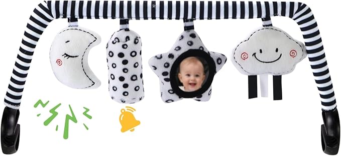 Baby Bouncer Toy Bar Soft with 4 Hanging Sensory Toys Attachment, Compatible with Baby Bjorn Bouncer, with Mirror, Rattle, Crinkle Sound for Babies All Ages (Black and White Shapes)