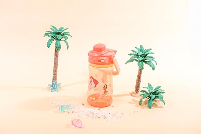 Zak Designs Disney Princess Beacon Kid Water Bottle for Travel, 12oz Plastic is Durable and Leak-Proof with Liquid Lock Spout, Carry Handle, Protective Base (Ariel, Cinderella, Moana, Rapunzel, Tiana)