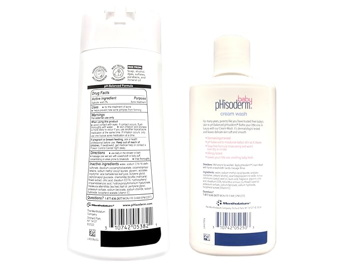 Phisoderm Baby Tear-Free Cream Wash powder-fresh scent 8 Fl oz + Anti-Blemish & Acne Care Body Wash 10 Fl oz (1 Each)