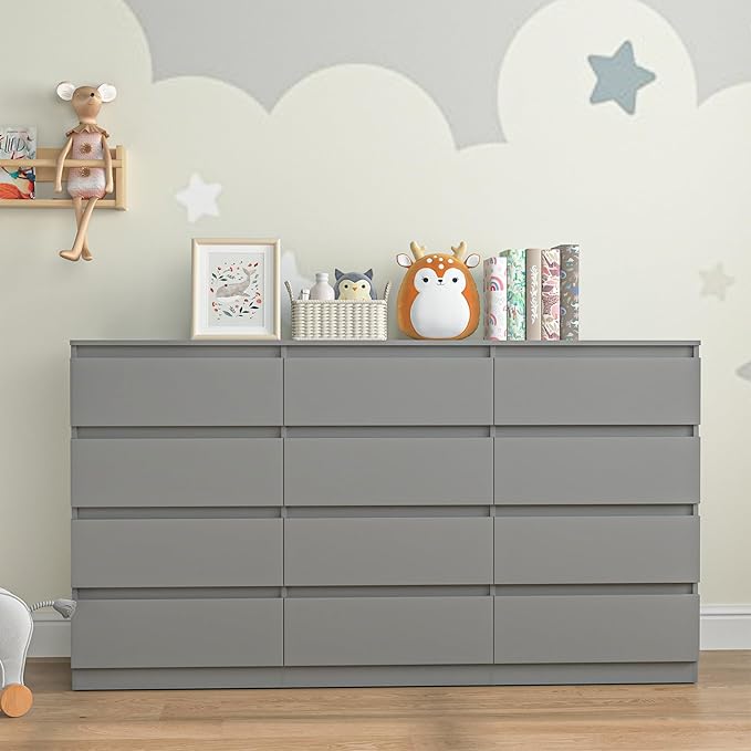 Grey 12 Drawer Dresser for Bedroom,Modern Large Long Dresser with Deep Drawer,Wide Storage Chest of Drawer,Wood Bedroom Storage Organizer Drawers for Bedroom