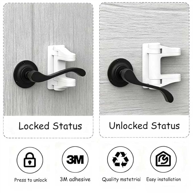 2-Pack Childproof Door Lever Locks - No-Drill Door Handle Safety Locks with 3M Adhesive,Easy Installation,Tool-Free,Ideal for Baby-Proofing Cabinets and Doors(White)