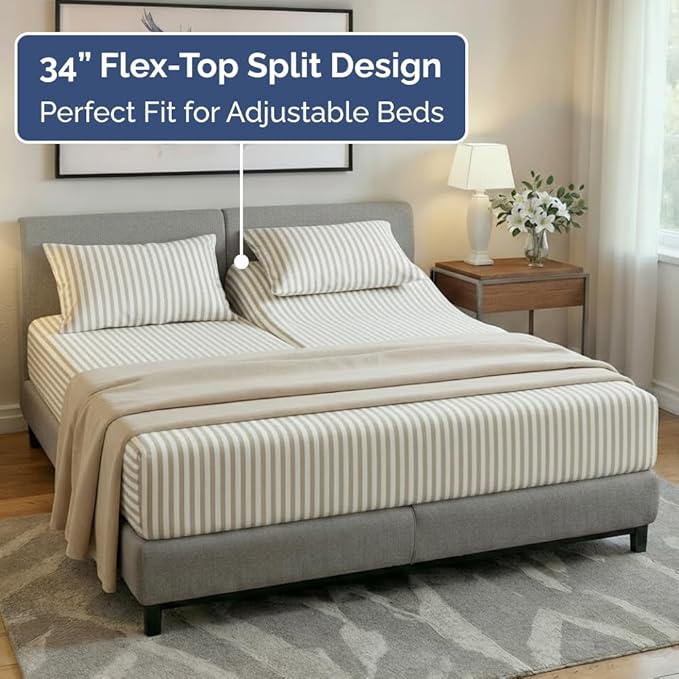 Flex Top Split Head King 4 Piece Sheet Set - Comfy Breathable & Cooling Bed Sheets Set - Hotel Luxury Bedding for Women, Men, Kids, Teens, Boys & Girls - Deep Pockets, Soft - Oeko-Tex - Beige Stripes