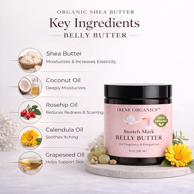 Organic Belly Butter for Pregnancy Stretch Mark Prevention and Treatment by Irene Organics - Award Winning Anti Stretch Mark Tummy Balm For Pregnancy and Postpartum 4oz - Hydrating Bump Cream