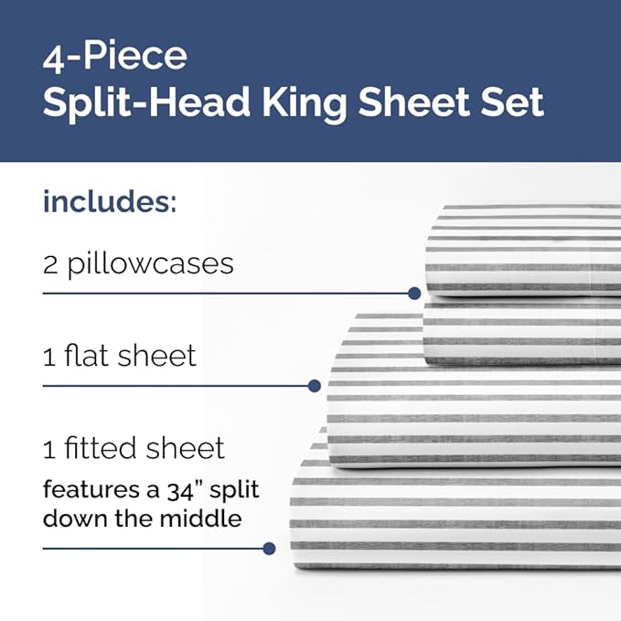 Flex Top Split Head King 4 Piece Sheet Set - Comfy Breathable & Cooling Bed Sheets Set - Hotel Luxury Bedding for Women, Men, Kids, Teens, Boys & Girls - Deep Pockets, Soft - Oeko-Tex - Grey Stripes