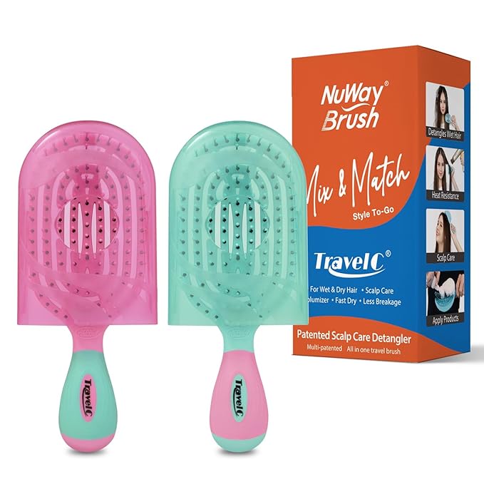NuWay 4HAIR® U.S. Patented Detangler Hair Brush for Men & Women - Pink & Teal | Hair Comb for Scalp Care - Fast Dry Venting Scheme - TravelC Detangling Brush for All Hair Type