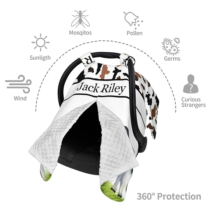 Personalized Baby Boy Car Seat Canopy for Babies, Custom Name Baby Car Seats Cover for Boy, Cow Opening Minky Nursing Breastfeeding Covers for Infant, Carseat Canopies for Newborn