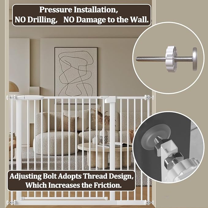 WAOWAO 1.37" Ultra Narrow Spacing Extra Wide Dog Pet Gate 69.48-77.36" Pressure Mounted Walk Through Double Lock Swing Auto Close Safety White Metal Toddler Baby Puppy Pet for Indoor,Doorway,Kitchen