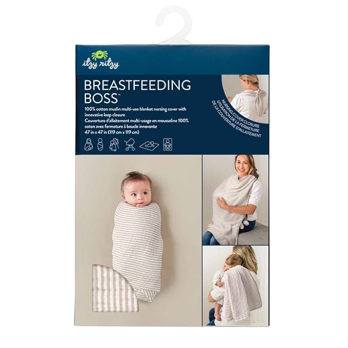 Itzy Ritzy Breastfeeding Boss Multi-Use Cover – A Nursing Cover, Swaddle, Car Seat Wrap, Tummy Time Mat & Burp Cloth All in One – Made of Soft Muslin Fabric & Measures 47” x 47” (Taupe Stripe)
