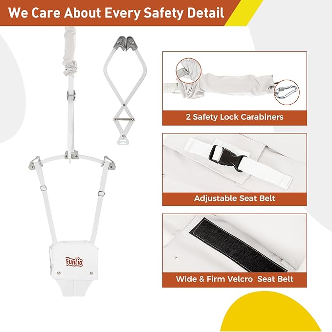FUNLIO Baby Door Jumper for 6-24 Months (with Door Clamp), Bearing 40 Lbs, Baby Jumper Doorway with Strong Spring & Adjustable Strap, Portable Infant Baby Bouncer, CPC & CE Certified - White
