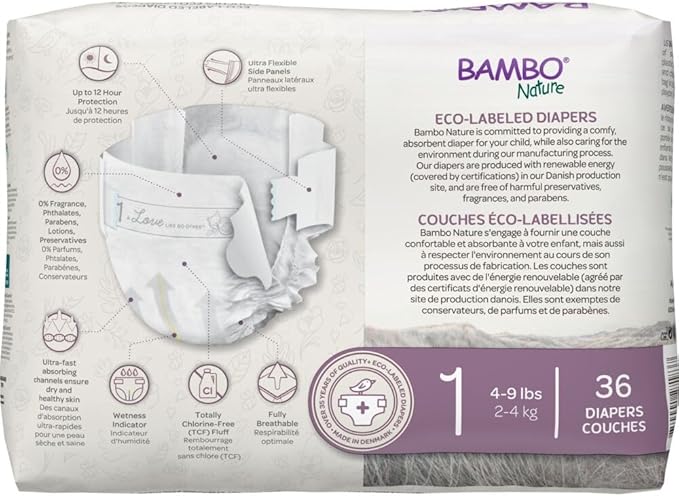 Bambo Nature Hypoallergenic Dream Baby Diapers, Premium Eco-Labeled Sustainable Diapers, Enhanced Leakage Protection, Totally Chlorine-free, Skin Friendly, and Super Absorbent - Size 1 (432 Count)
