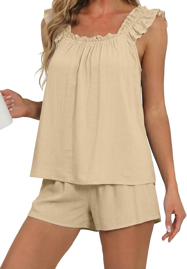 BLENCOT Maternity Pajamas Shorts Sets for Women 2 Piece Ruffle Sleeveless Round Neck Short Sleeve Outfits Pregnancy Clothes