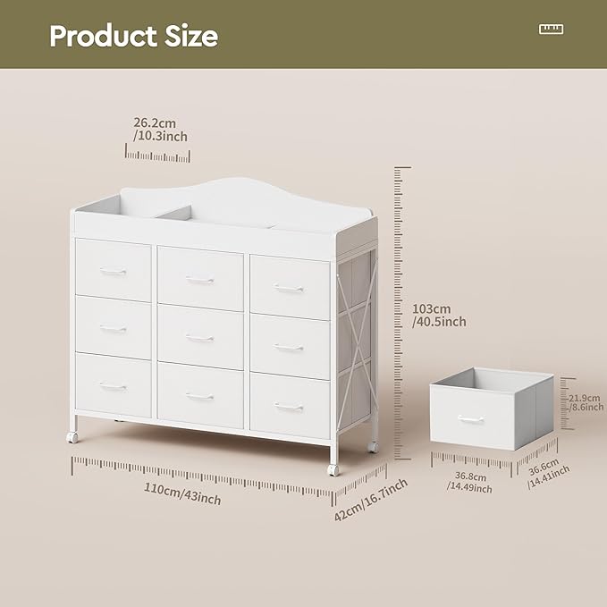 Baby Changing Table with 9 Fabric Drawers, Waterproof Diaper Changing Station & Pad, Mobile Nursery Diaper Changing Table, Baby Furniture, Bedroom, White