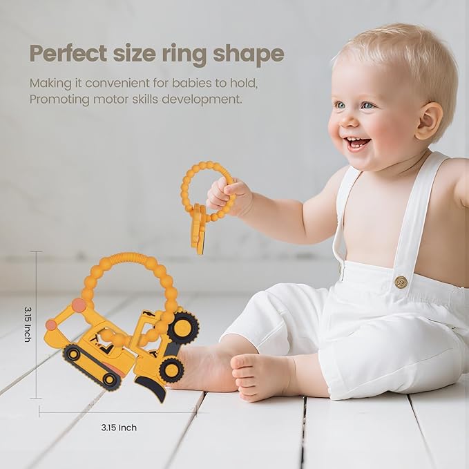 Silicone Baby Ring Toy with Excavator,Bulldozer Teethers,Must Haves Teething Relief Chew Toys for 0-6,6-12 Months Boys and Girls,Newborns Essentials,Safe and Soft,BPA Free.
