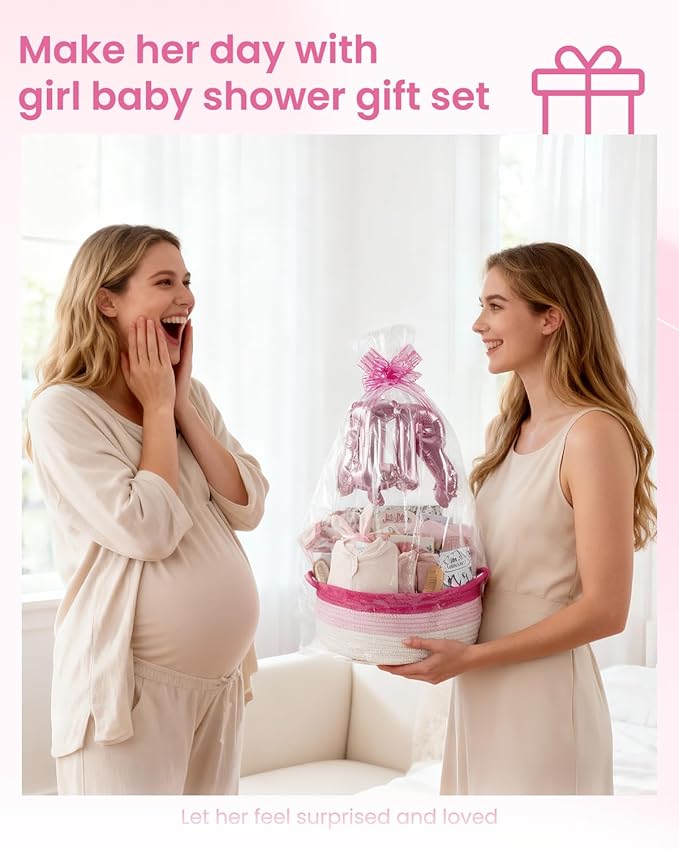 25-Pcs Luxury Baby Girl Gift Basket Set, Pink (0-12M Newborn) | Premium Baby Shower Gifts with Keepsake Memory Book. Ultimate Newborn Essentials in Woven Basket for Unforgettable Welcome Mom Gift
