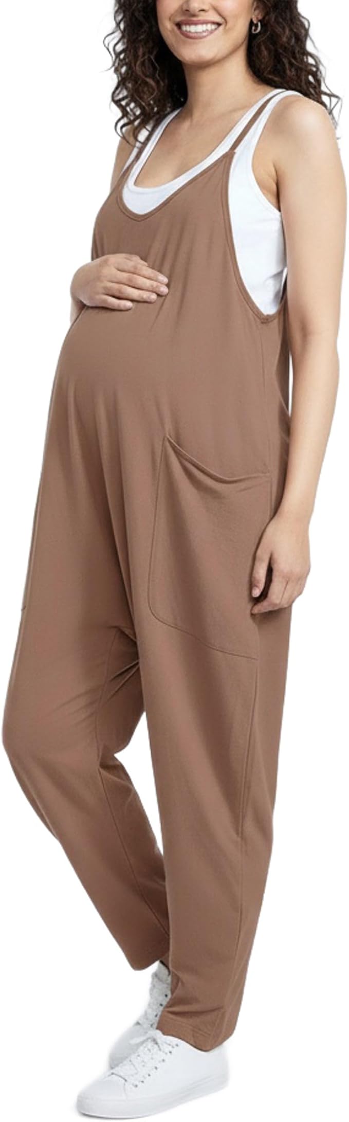 Motherhood Maternity womens Casual Baggy Sleeveless V-neck Pregnancy Romper Jumpsuit With Loose Spaghetti Straps and Pockets