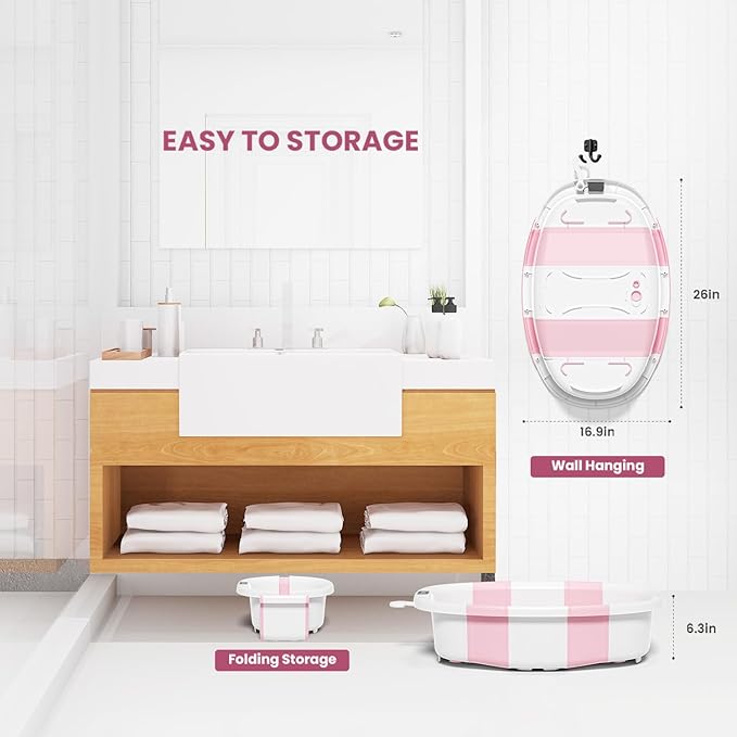 Collapsible Baby Bathtub, Baby Tubs for Newborns with Soft Cushion & Thermometer & Toy Organizer Mesh Bag, Infant Bathtub to Toddler 0-36 Months, Portable Travel Newborn Baby tubs