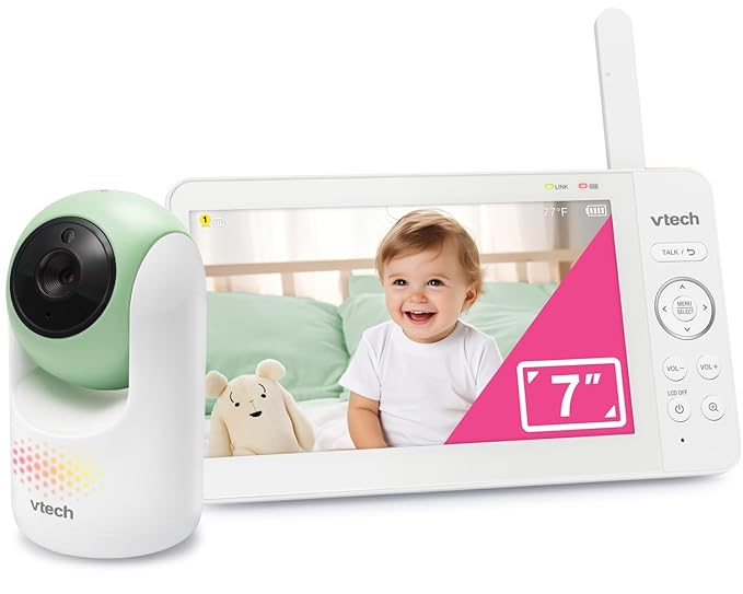 VTech Video Baby Monitor with 7" Color LCD Screen, Rechargeable Battery, Baby Monitor with Camera and Audio, Pan-Tilt-Zoom, No WiFi, Touch Multi-Color Night Light, 2-Way Talk, Advanced Max Green